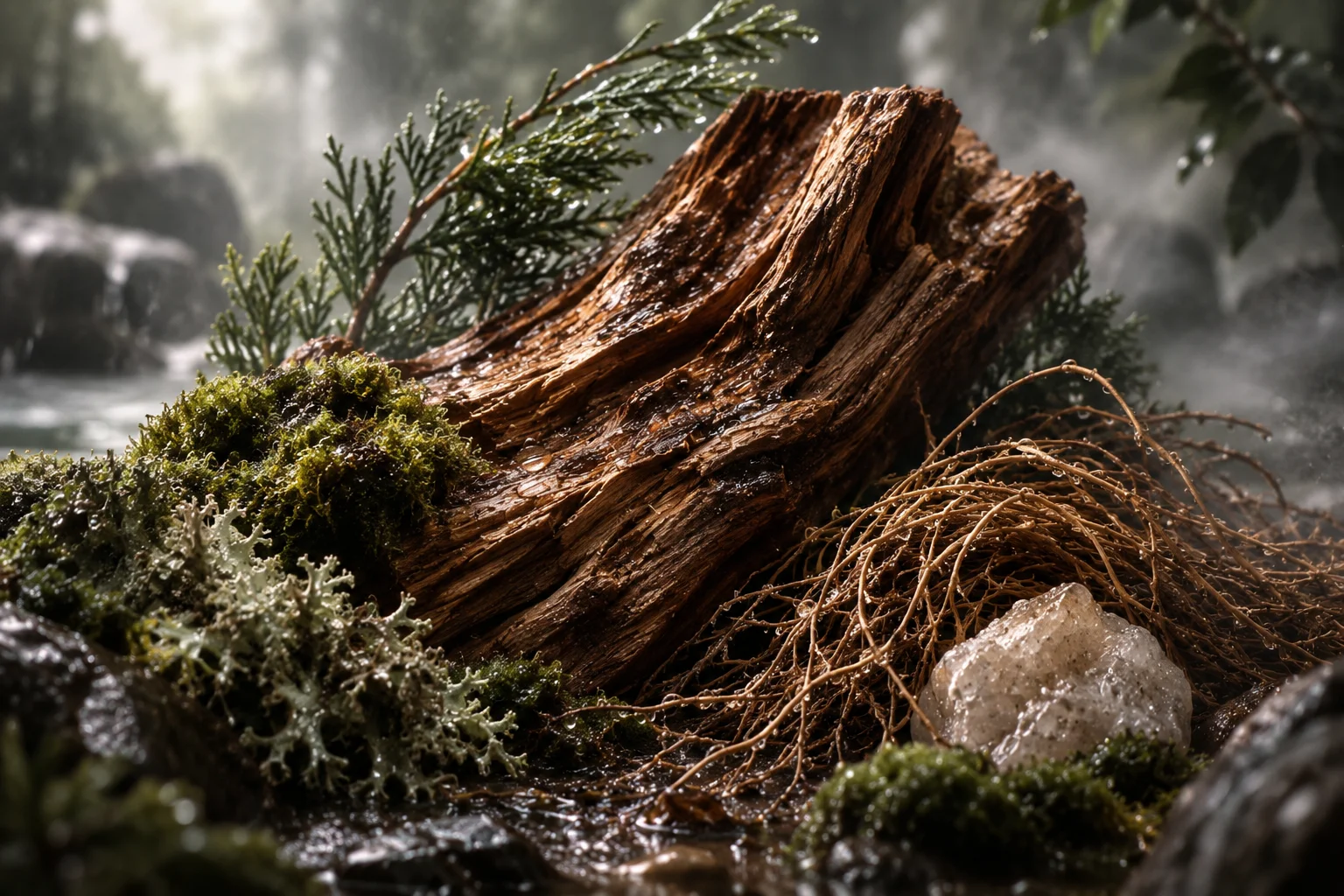 Cedar, oak moss and vetiver composition for PETRICHOR